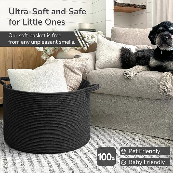 INDRESSME XXXLarge Woven Rope Blanket Basket Living Room Black, 90L | 21.7" x 13.8" Storage baskets for toys laundry & pillows. Fits living room, bedroom or nursery décor. Soft-touch with handles