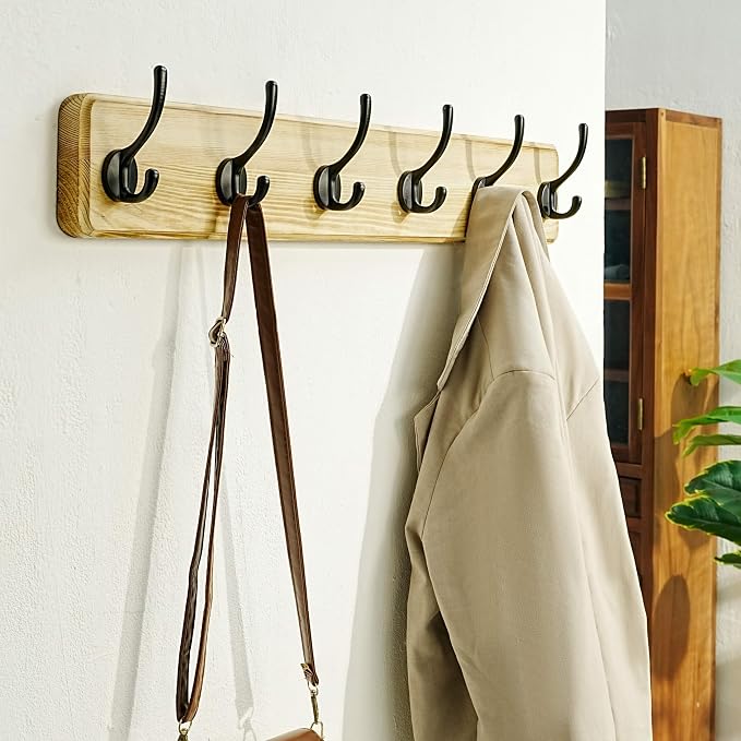 Coat Rack Wall: 24" Long, Patented, Heavy-Duty, 6-Double-Hooks Wooden Wall Mounted Coat Rack Coat Hanger Hook Rail for Winter Coats Hat Jacket Clothing, Light Brown