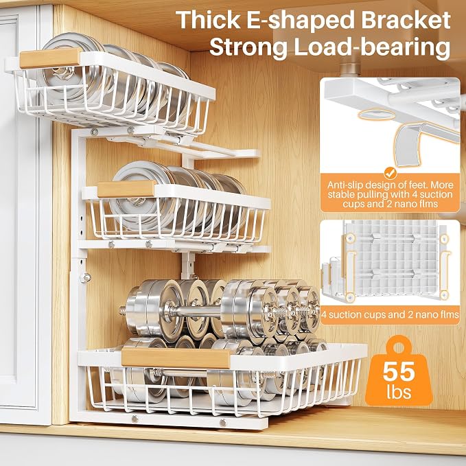 PXRACK Under Sink Organizer, 2-Pack 3-Tier Height Adjustable Thickened Metal Pull out Cabinet Organizer Shelf, Slide out Storage Drawer Rack for Bathroom Kitchen Pantry Home Organization, White