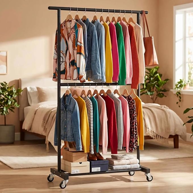 Sywhitta Double Rod Metal Clothing Garment Rack on Wheels, Black | Rolling Clothes Organizer, for Hanging Clothes,Coats,Easy to Assemble,Space-Saving,Mobile Organizer for Closet
