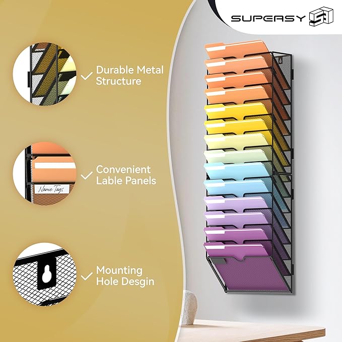 SUPEASY 14-Tier Wall File Organizer, Mesh Hanging Wall Mount File Holder | Paper, Folder, Magazine Rack Great for Office Home School, Assembly Needed, Black