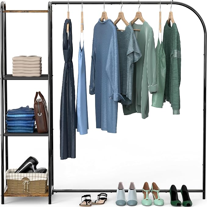 Simple Houseware Heavy Duty Clothing Garment Rack with 4 Shelves, Black | Portable Closet Organizer for Hanging Clothes
