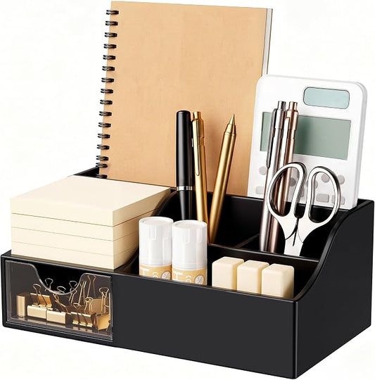 HBlife Acrylic Desk Organizer with Drawer, Pen & Pencil Holder, Multifunctional Desktop Caddy for Office Supply and Organization