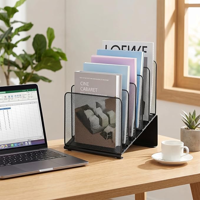 LEKETREE File Organizer for Desk, File Folder Organizer with 5-Section Vertical Rack, Suitable for Home Office Document Organization and Storage(Black)
