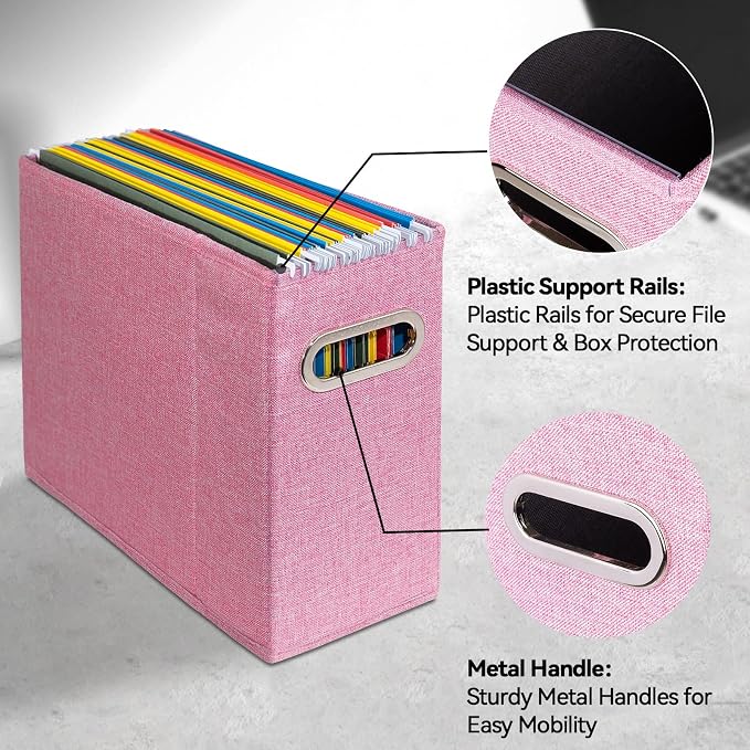 4 Pack Letter Size File Storage Box Collapsible，Fabric Hanging File Folders Organizer, Portable Office Document Holder with Metal Handle, Smooth PVC Rails, Pink