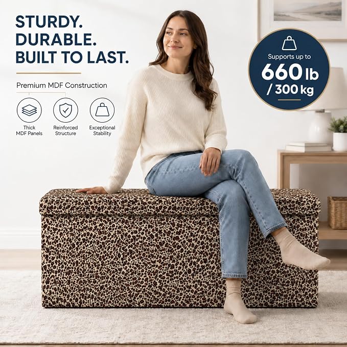 ALASDO 43 Inch Folding Storage Ottoman Bench with Hidden Storage, PU Leather Ottoman Foot Rest Stool, End of Bed Bench for Bedroom, Living Room, Entryway and Closet, Leopard Print