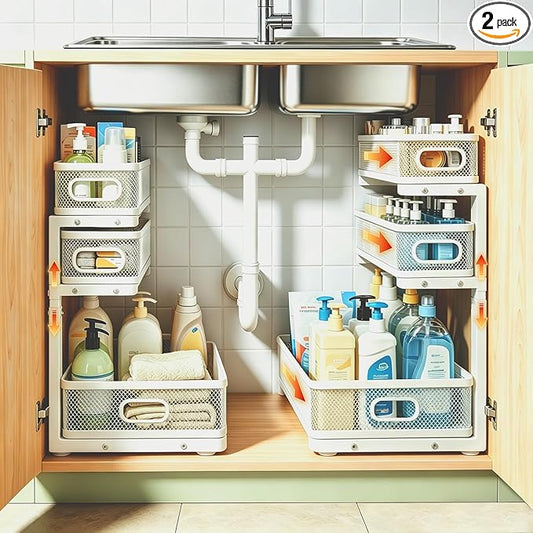 2 Pack 3 Tier Under Sink Organizer with Pull Out Drawer, Height Adjustable Heavy Duty Metal Under Cabinet Organizer, Smooth Sliding Storage Shelf for Kitchen, Bathroom Cabinet Organization, White