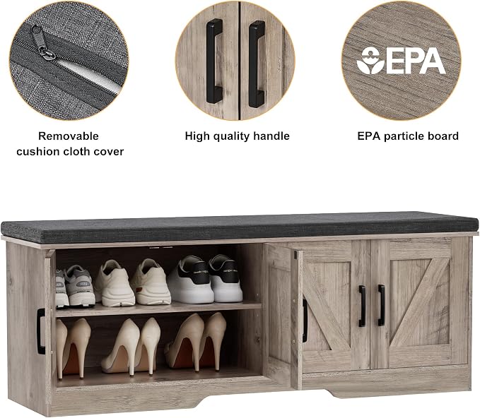 HOMSHO Farmhouse Shoe Storage Bench with 4 Barn Doors & Padded Seat Cushion | 47.2" Wide Entryway Bench with Adjustable Shelves & Hidden Storage, Greige