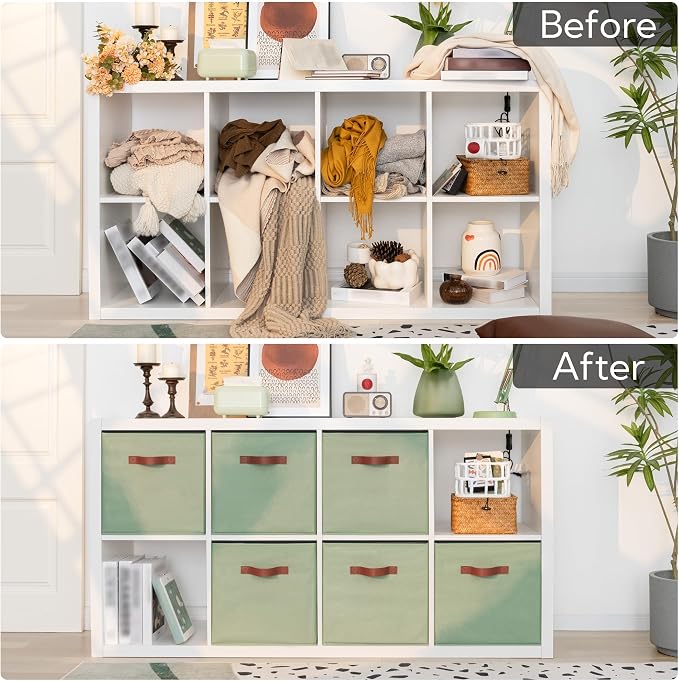 GRANNY SAYS 13 Inch Storage Cubes Organizer, Decorative Cube Storage Bins, Fabric Storage Bins with PU Handles, Collapsible Cubes Bins, Storage Cubes for Shelves, Closet, Sage Green, 6-Pack