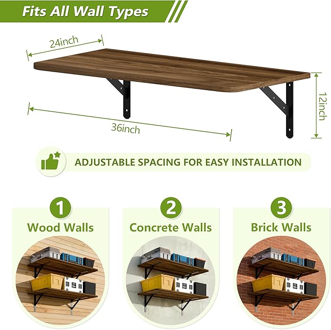 Dogsky 2-Pack Garage Storage Shelving Wall Mounted, 3x2Ft (36x24In) Heavy Duty Wood Floating Wall Shelf, 300lbs Capacity Shelves for Garage, Closets, Utility Rooms and Kitchens, Walnut
