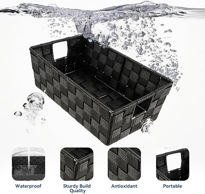 Whitmor Small Woven Storage Baskets for Shelves - Decorative Organizer Bins with Metal Structure, Versatile Shelf Storage Solution for Home Organization & Closet (Black)