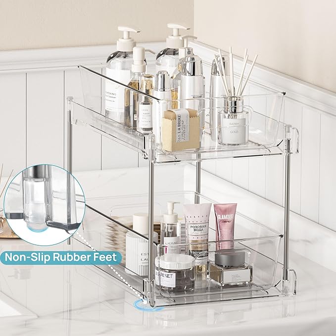 Vtopmart 4 Pack Pull Out Bathroom Under Sink Organizer (S-Standard) | Slide-out drawers, Multi-purpose storage, Clear visibility, Easy Set-up