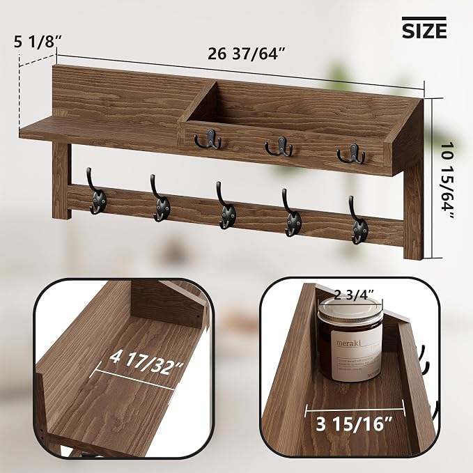 AMBIRD Wall Hooks with Shelf, 26.57 Inch Entryway Wood Coat Hooks for Wall with Shelf, Coat Rack Wall Mount with 5 Dual Hooks 3 Key Hooks Mail Organizer and Key Rack Holder (Brown)