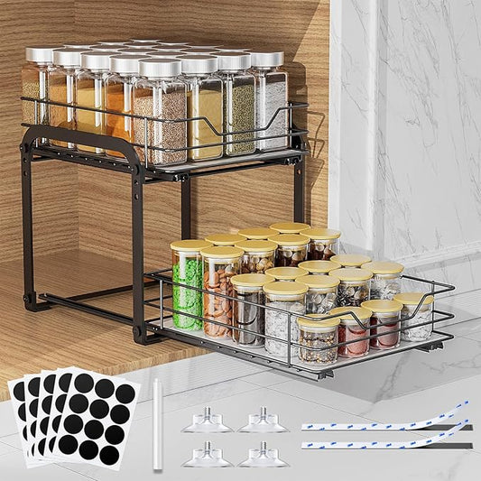 Pull Out Spice Organization for Cabinets, 2 Tier Pull Out Spice Rack, Slide Out Spice Rack Organizer for Cabinet, Spice Rack for Inside Cabinets, with Labels, 9" W×10.5" D×9" H, Black