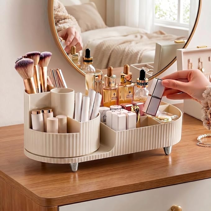 Booklov Rotating Makeup Organizer for Vanity Countertop, Cream | Plastic Cosmetic Display Case, Large Beauty Brush Holder for Bathroom Counter, Skin Care Perfumes Storage