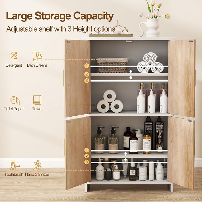 Bathroom Storage Cabinet, Floor Cabinet with 4 Fluted Doors and 2 Adjustable Shelves Wooden Tall Freestanding Organizers and Storage,White