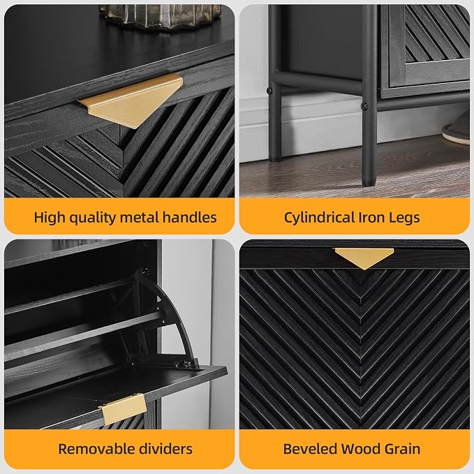 Shoe Cabinet with 4 Flip Drawers, Narrow Entryway Rack, Black | Slanted Wood Grain, Freestanding, Adjustable Compartments, Removable Middle Shelf, Metal Handles, for Hallway Foyer Entrance