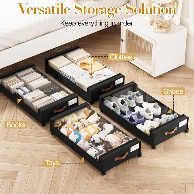 Yecaye Under Bed Storage with Wheels, 2 Pack Under the Bed Storage Containers with Lids & Label, XXL 60L Rolling Underbed Storage Drawers for Clothes, Blankets, Shoes, Black