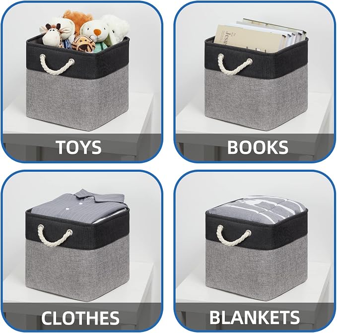 Temary 12 Inch Cube Storage Baskets 4 Pack Fabric Storage Bin for Clothes, Large Baskets with Handles, Basket for Organizing Towels, Blankets, Collapsible Cube Storage Bins (Black&Gray)