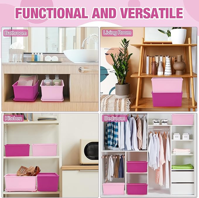 6 Pcs Storage Bins with Lids Small Plastic Storage Containers Stackable Storing Baskets Box Cute Organizer Bins for Organizing Shelves (Pink Series)