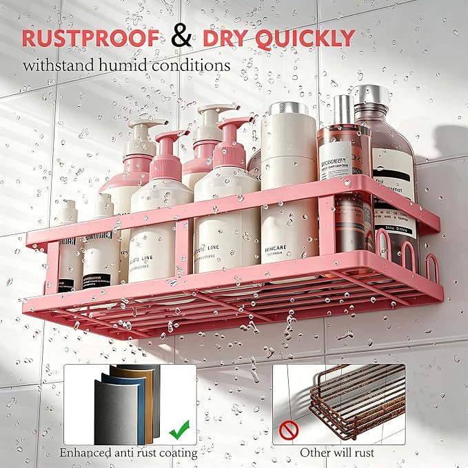 Youvip Pink Shower Caddy 6 Pack, Adhesive Shower Shelves | Pink Bathroom Decor, No Drilling, Rustproof, Large Capacity, 6 Adhesives, 24 Built-in Hooks, Dorm Apartment