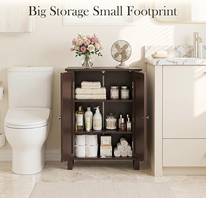 SUPER DEAL Modern Bathroom Floor Storage Cabinet with Adjustable Shelf and Double Door Rust Proof, Living Room Modern Home Furniture Storage Organizer Cabinet, Brown