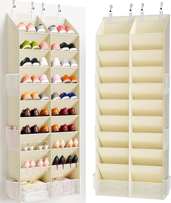 Over the Door Shoe Organizer, 20-30 Pairs Heavy-Duty Hanging Shoe Storage with Large Pockets, 10-Tier Door Shoe Rack with 4 Hooks for Sneakers Sandals Heels Boots (Beige)