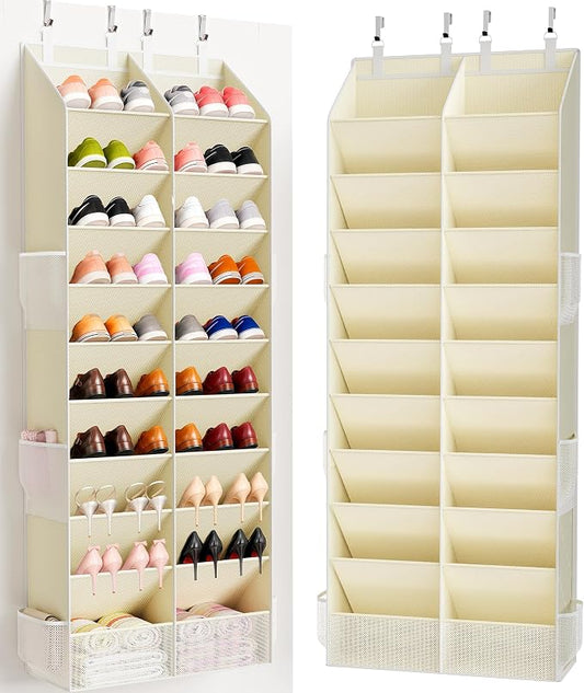 Over the Door Shoe Organizer, 20-30 Pairs Heavy-Duty Hanging Shoe Storage with Large Pockets, 10-Tier Door Shoe Rack with 4 Hooks for Sneakers Sandals Heels Boots (Beige)