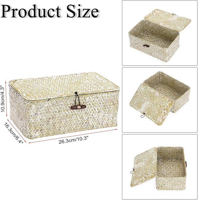 Hipiwe Small Woven Wicker Shelf Basket Bin with Lid Natural Seagrass Basket | Basket Storage Boxes for Shelf, Multipurpose Home Organizer Bins for Closet Bedroom Living Room Home Decor, Whitewash