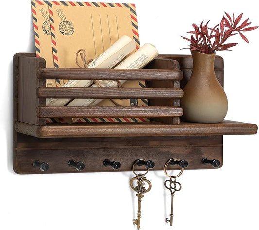 Rebee Vision Pine Wood Key Holder Wall Mount with Shelf for Entryway, Brown | Key Holder for Wall, 8 Key Hooks, Mail Organizer, Round Corner, Paper and Letter Storage, Key Hanger Apartment Aesthetic