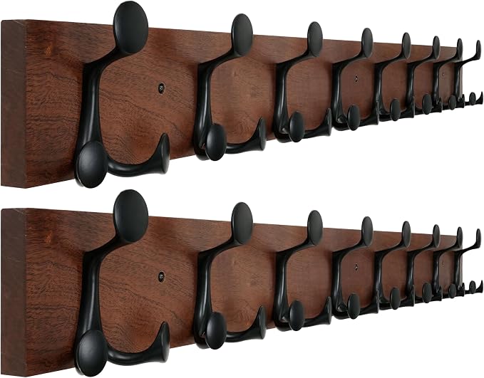 WEBI Coat Rack Wall Mount,43" Solid Wood Coat Hooks Wall Mounted Coat Hanger,16" Hole to Hole,Heavy Duty 8 Triple Hooks for Hanging Coats,Jacket,Hat,Backpack,Farmhouse,Reddish Brown,2 Packs