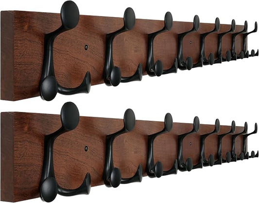 WEBI Coat Rack Wall Mount,43" Solid Wood Coat Hooks Wall Mounted Coat Hanger,16" Hole to Hole,Heavy Duty 8 Triple Hooks for Hanging Coats,Jacket,Hat,Backpack,Farmhouse,Reddish Brown,2 Packs