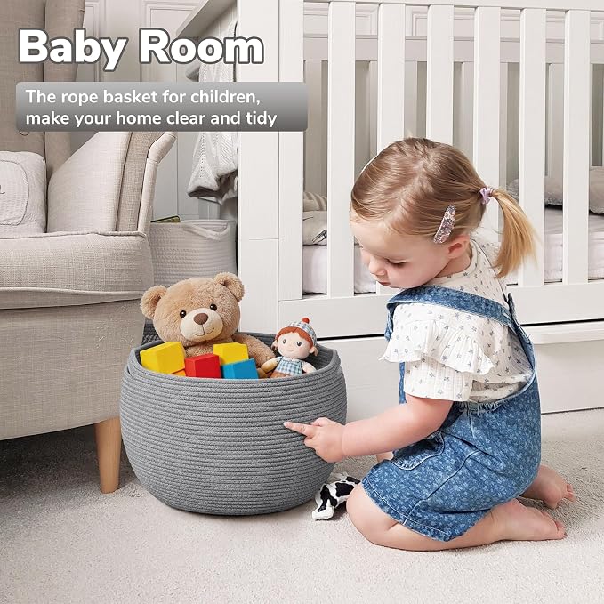 Goodpick Large Woven Storage Basket with Handles, 15.7" x 10.5", Grey | Round Toy Storage for Kids, Cotton Rope Basket for Nursery Living Room, Holds Blankets, Toys & Baby Shower