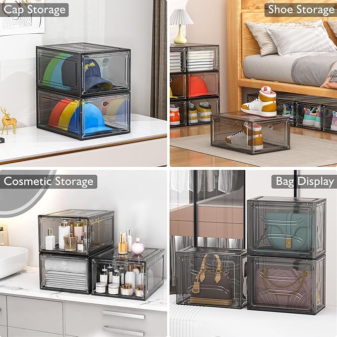 12 Pack Shoe Organizer, Stackable Shoe Storage Boxes with Magnetic Door | Clear Plastic Shoe Boxes for Sneakers, Boots & Heels, Foldable Space-Saving Shoe Rack for Closet, Durable Shoe Cabinet, Black