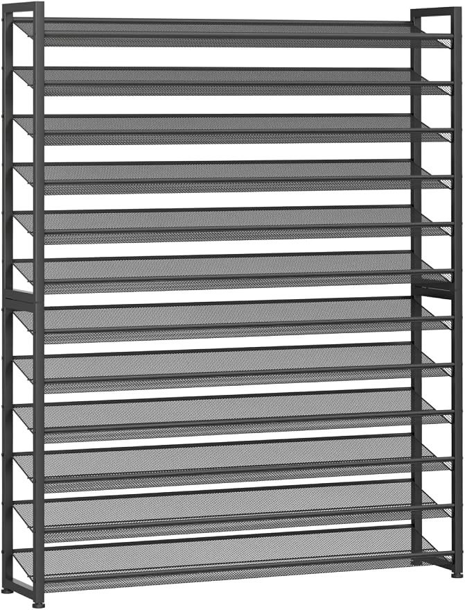 Large Shoe Rack 12 Tier Shoe Organizer, Heavy Duty Metal 6-Tier Stackable Shoe Storage Vertical Shoe Rack for Closet Front Door Entrance, Up to 75 Pairs, 44.8" W x 11.4" D x 85.1" H, Black
