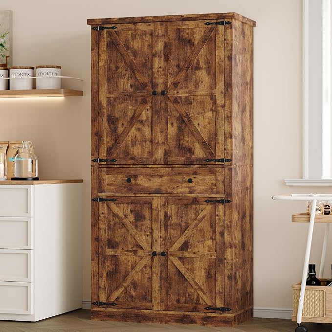 BORNOON Pantry Organizers and Storage Cabinet, 67.71” Barn Door White Kitchen Cabinet with Drawers and Adjustable Shelf, Tall Pantry for Kitchen, Dining Room, Living Room