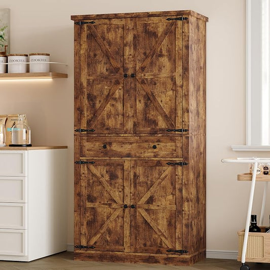 BORNOON Pantry Organizers and Storage Cabinet, 67.71” Barn Door White Kitchen Cabinet with Drawers and Adjustable Shelf, Tall Pantry for Kitchen, Dining Room, Living Room