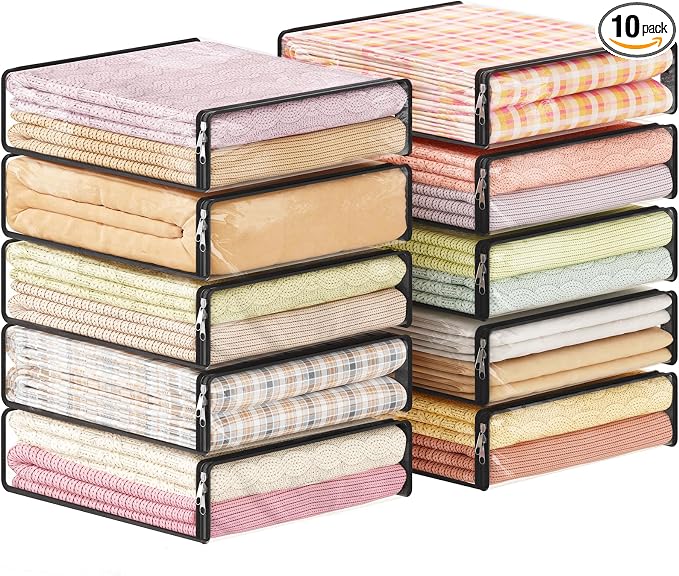 Lifewit 14L Clear Sheet Storage Bags with Zipper 10 Pack, Plastic Sweater Storage Bins for Clothing, Vinyl Foldable Clothes Containers Organizers for Closet, Blankets, Bedding 15.7 x 13.8 x 3.9 Inch