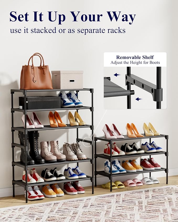 Kitsure Shoe Rack - Non-Woven Shoe Rack Shelf, 27.5" Wide - 3 Tier, Black | Shoe Organizer for Closet, Entryway, Garage, Stackable Shoe Shelves, college dorm&apartment essentials