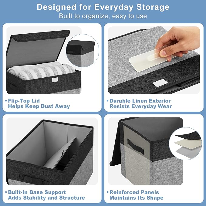 Bagnizer Large 22 Quart Linen Fabric Foldable Storage Bin Cube Organizer Basket with Flip-Top Lid & Handles, Clothes Blanket Box for Home, Office, Closet, Black & Gray, 4 Pack 14.6 x 9.5 x 9.5
