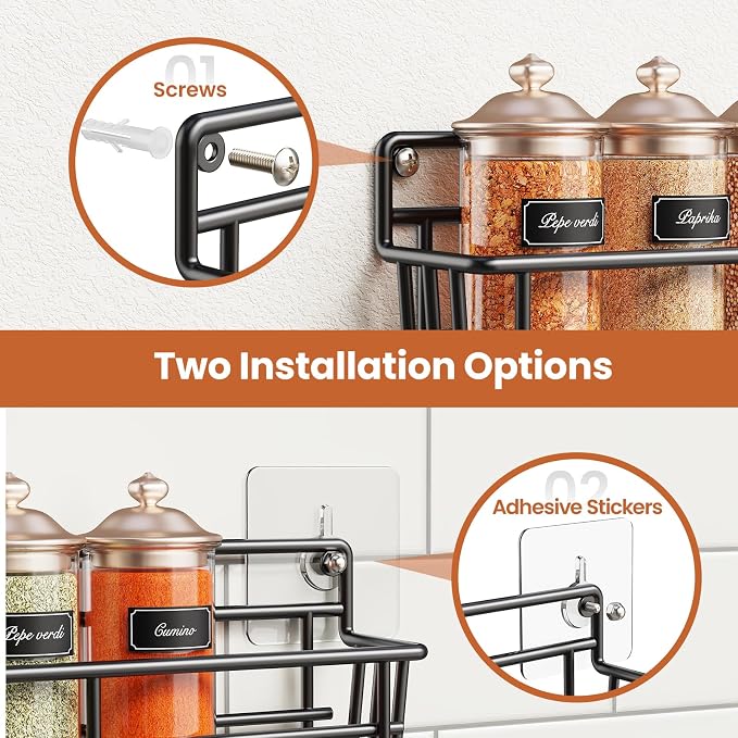 Mystozer Spice Rack Organizer Wall Mount, Hanging Spice Pantry Storage Shelf Organization, 4 Pack Space Saving Seasoning Organizer for Kitchen Cabinet, Door or Bathroom, Black