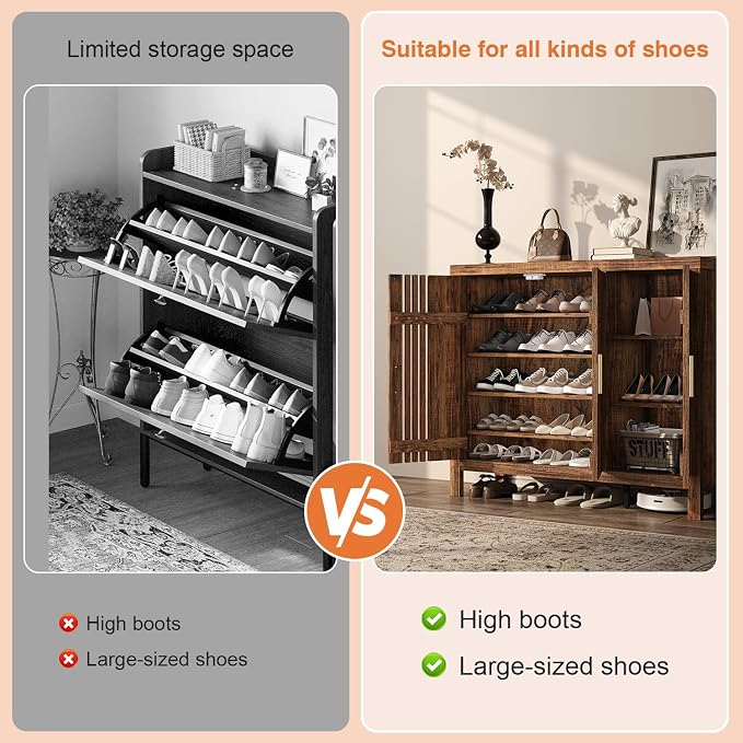 UNIQUITE Wooden Shoes Cabinet with 3 Doors and Adjustable Shelves, Retro Freestanding Shoe Organizer Cabinet for Entryway Hallway Living Room, 5-Tier Shoe Cabinet for 30 Pairs, Dark Walnut