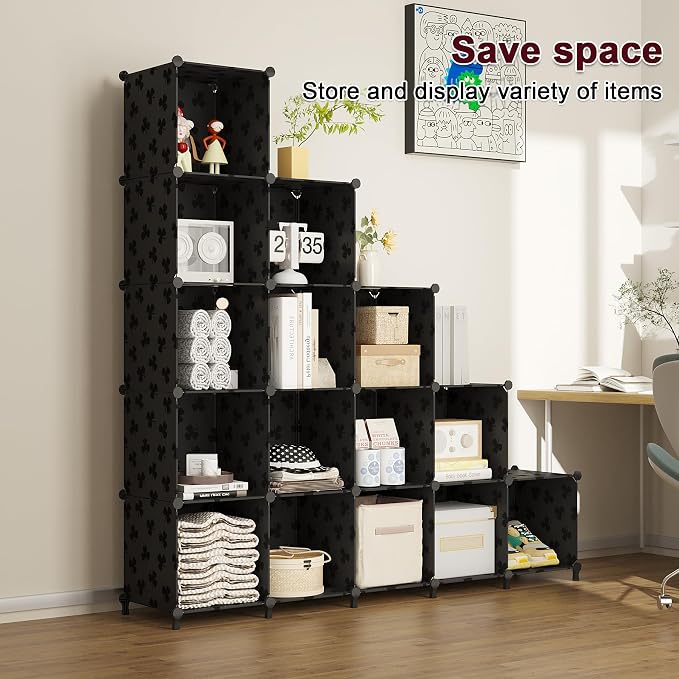 UNKU 16 Cube Storage Organizer,Closet Organizer Storage Shelves,Black | DIY Stackable Bookcase, Clothes Organizer Shelf for Closet, Bedroom, Living Room, Cabinet, Home, Office