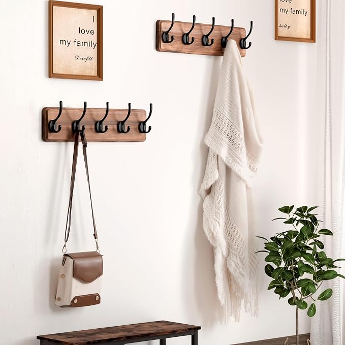 Wall Mounted Coat Rack: Patented, Heavy-Duty, 17.4" Long 5-Double-Hooks Wooden Hanger Rail for Winter Coats, Hat, Jacket, Clothing - Natural & Black, Pack of 2