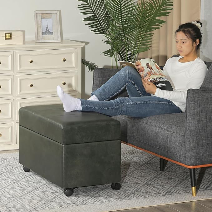 32" Faux Suede Storage Ottoman Bench with Wheel, Rectangle Foot Rest Stool for Living Room, Bedroom, Entryway,Moss Green