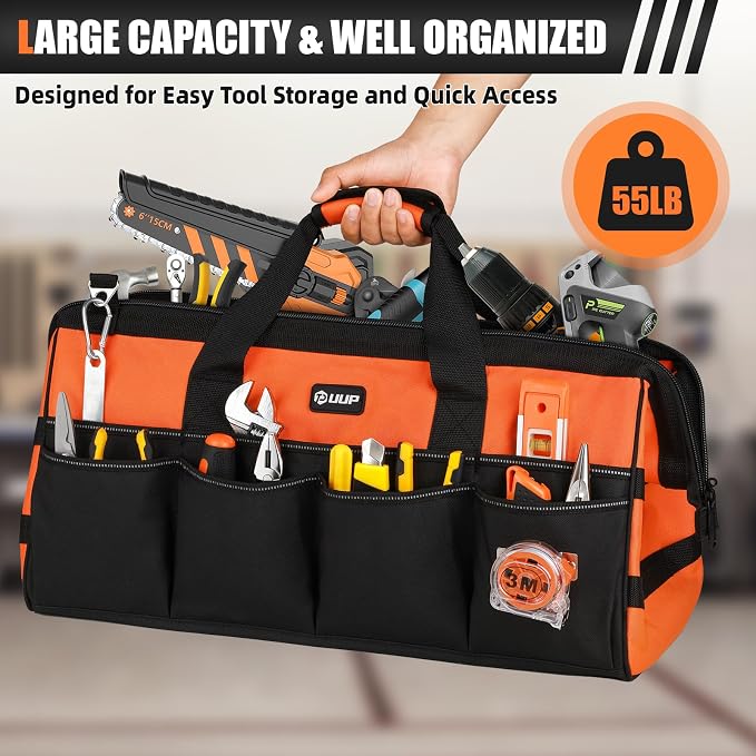 UUP Tool Bag ExtraLarge 20", Heavy Duty Spacious Tool Box Organizer, Orange | 16 Pockets & MOLLE. Detachable Strap & Handle. Non-slip Base, Metal Buckle. 30lb Holds Tools on Truck, Garage, Men Gift.