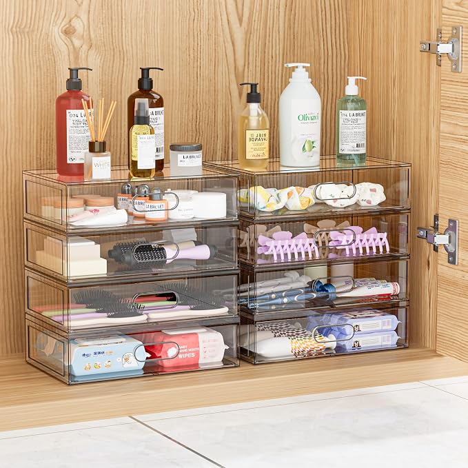 Clear Stackable Makeup Organizer with Drawer, 12''W Acrylic Storage Drawers, Cosmetic Display Case for Vanity Bathroom Countertop, Beauty Holder for Lipstick Brush Skincare Perfume (3 Tier)