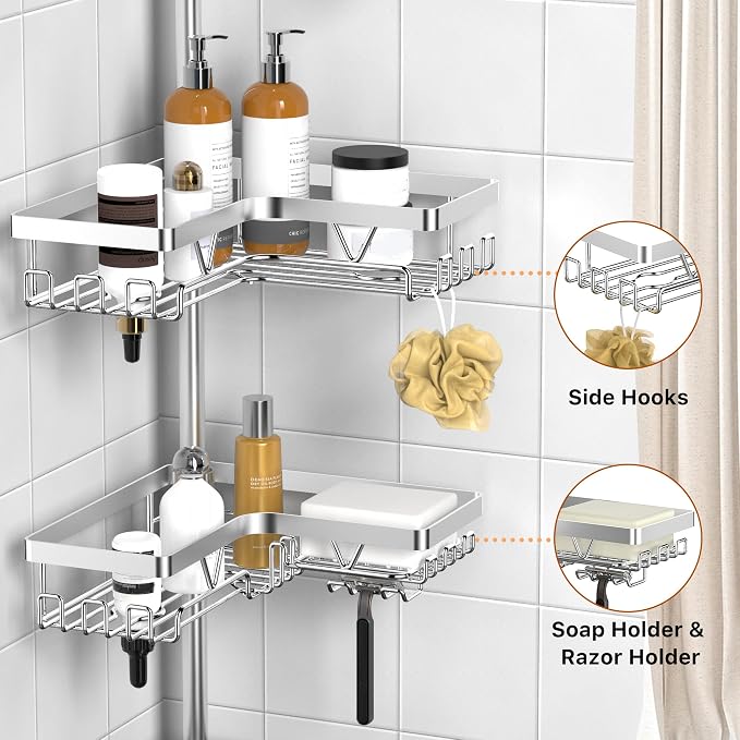 KEGII SUS304 Corner Shower Organizer, Tension Pole Bathtub Caddy, Silver | Stainless Steel Construction with Adjustable Height, Rust Resistant Finish for Shower Corners, Bathtubs and Family Bathrooms