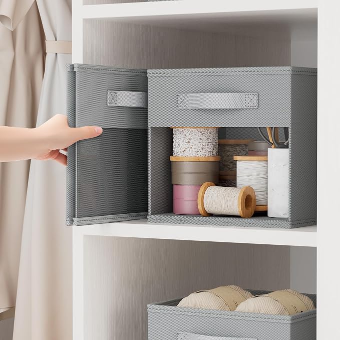 DIMJ 12.2 Inch Storage Cubes, 6 Pack Cube Storage Bins with Window, Fabric Storage Bins with Handle, Foldable Storage Cubes, Storage Box for Clothes, Toys, Books (Grey)