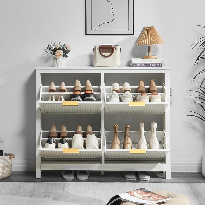 4-Flip Drawer Shoe Cabinet Narrow Entryway Rack, White | Vertical Wood Grain, Metal Handles, Adjustable Compartments, Removable Shelf, Anti-Tip Device, for Hallway Foyer Entryway